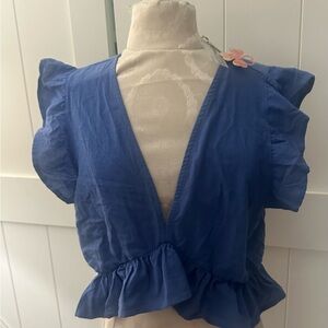 Large brand new w/tags, low-cut blue ruffle crop top